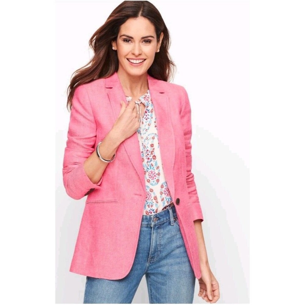 Talbots Classic Bright Pink Linen Single Button Lined Blazer Size 8 Women's   59